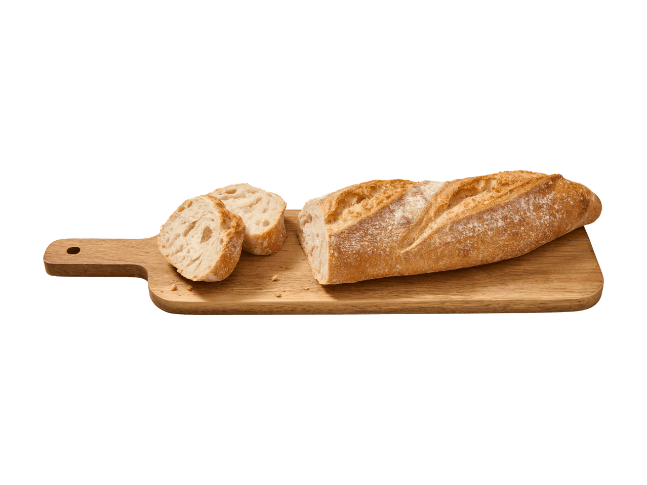 Baguette und zwei Scheiben auf einem Holzschneidebrett.