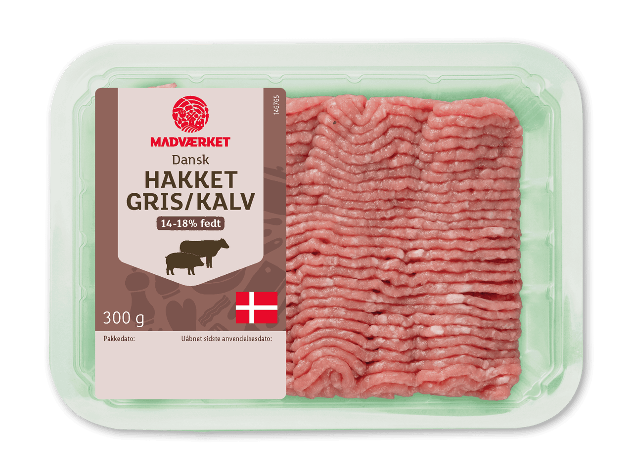 Pakke med 300g hakket gris/kalv med 14-18% fedt, dansk oprindelse.