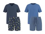 To sæt herrepyjamas med T-shirts og shorts; et sæt med citronmønster og et med striber.