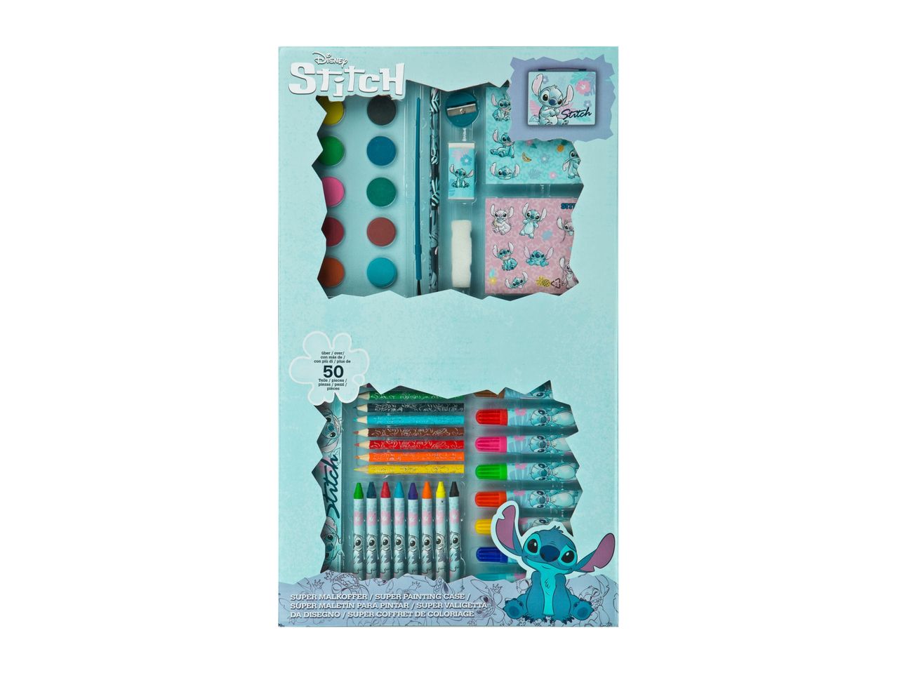 A package of children's art supplies, including paints and crayons, shown on a teal background.