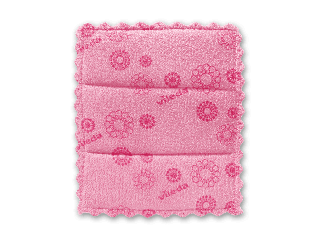 Ein Vileda-Spülschwamm in Rosa mit Blumenmuster.