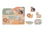 Wooden safari animal puzzle with elephant, chimpanzee, lion, zebra, and crocodile pieces.