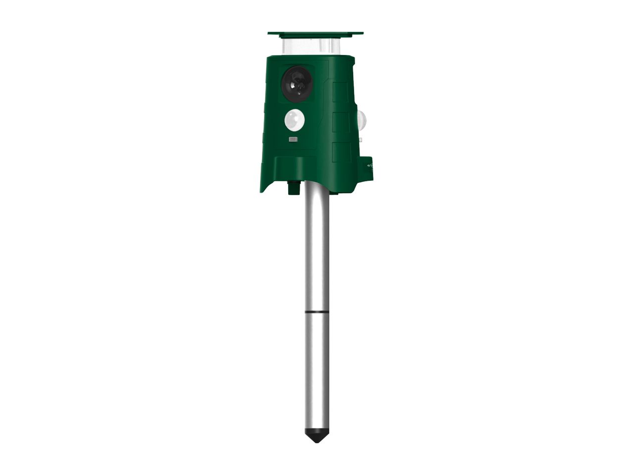 Green ultrasonic animal repeller with a silver ground stake