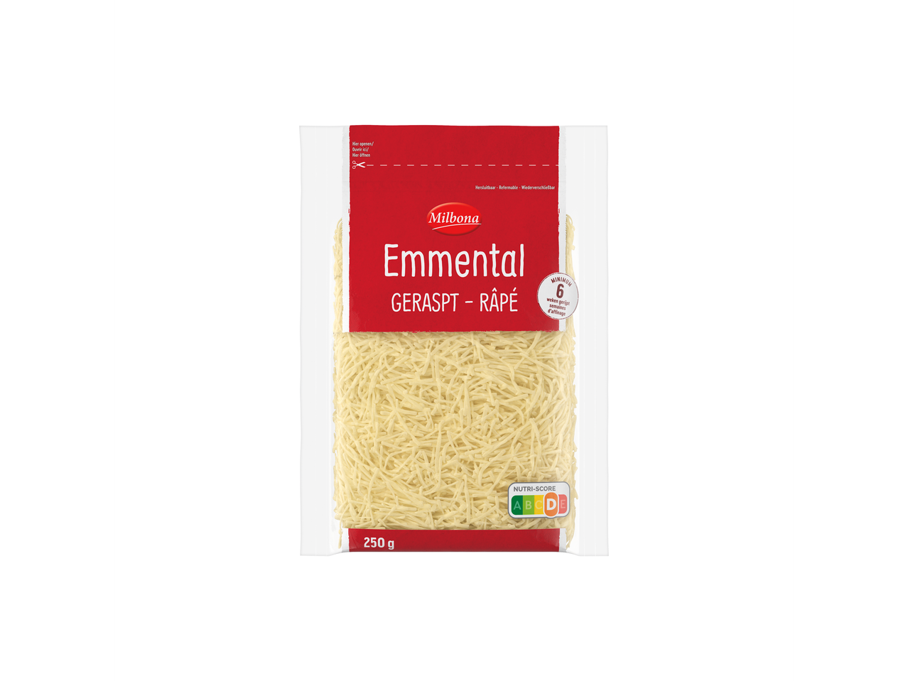 Fromage Emmental râpé Milbona avec un Nutri-Score C, 250g.