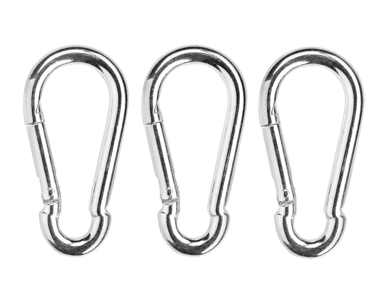Three shiny metal carabiner clips are shown against a black background.