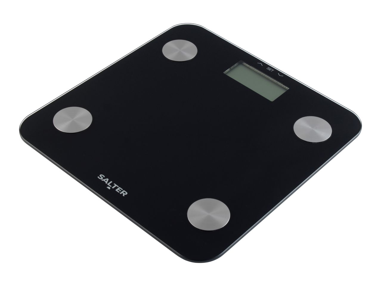 Black digital bathroom scale with a display and four silver circular sensors.