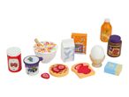 A collection of toy breakfast foods including cereal, milk, juice, jam, yogurt, toast, waffle, egg, and chocolate spread.