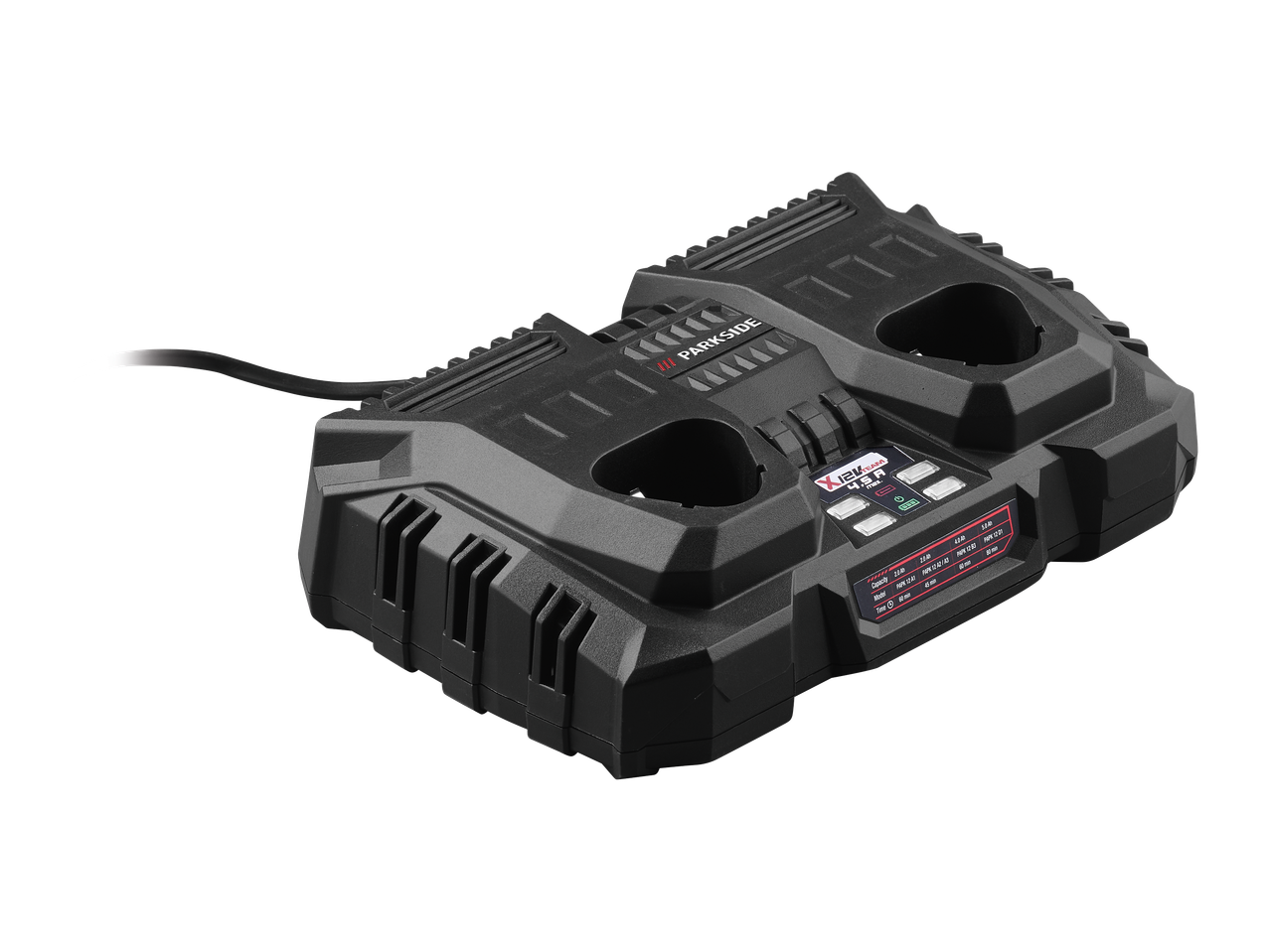 Polnilec za baterije z dvema režama in informacijami o zmogljivosti in času polnjenja.