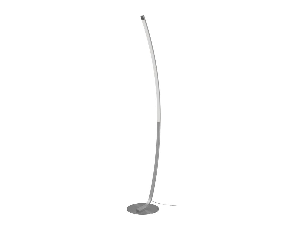 Modern curved LED floor lamp with a brushed metal finish and circular base