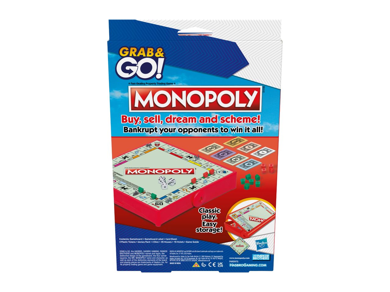 Grab & Go Monopoly board game with game pieces, money, and dice, featuring classic play and easy storage.