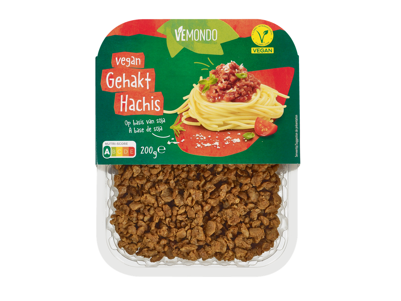Alternative de viande hachée végétalienne Vemondo, à base de soja, avec Nutri-Score A et certification V-Label Vegan.