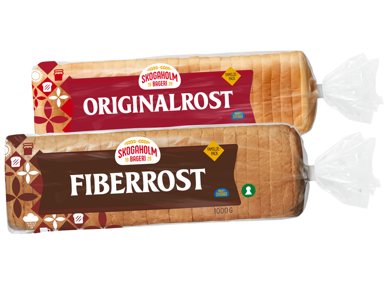 Två förpackningar Skogaholm rostbröd, en Originalrost och en Fiberrost.