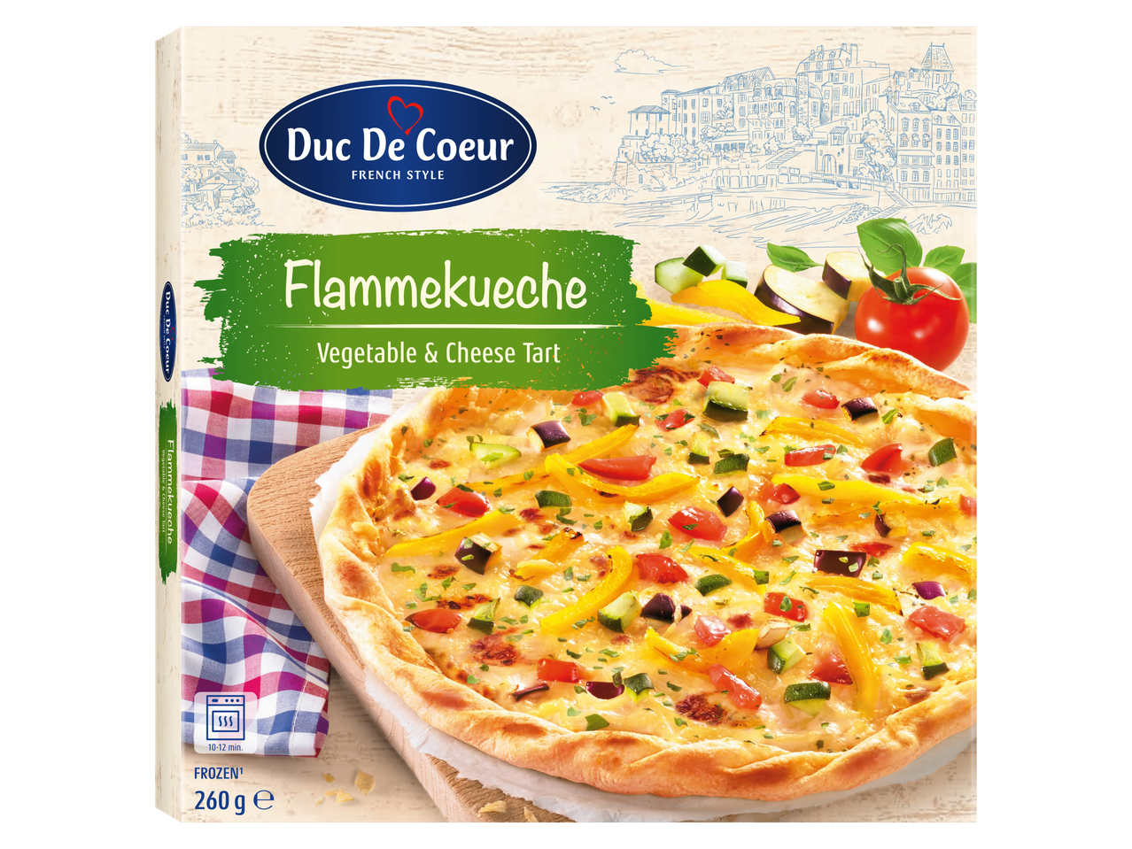 Duc De Coeur Franse stijl bevroren Flammekueche, groente- en kaastaart.