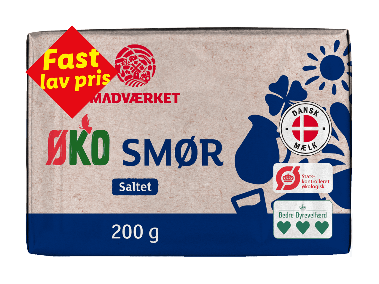Økologisk smør med fast lav pris, 200 g, saltet, med dansk mælk og bedre dyrevelfærd.