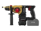 Cordless rotary hammer drill with a depth stop, auxiliary handle, and battery pack.