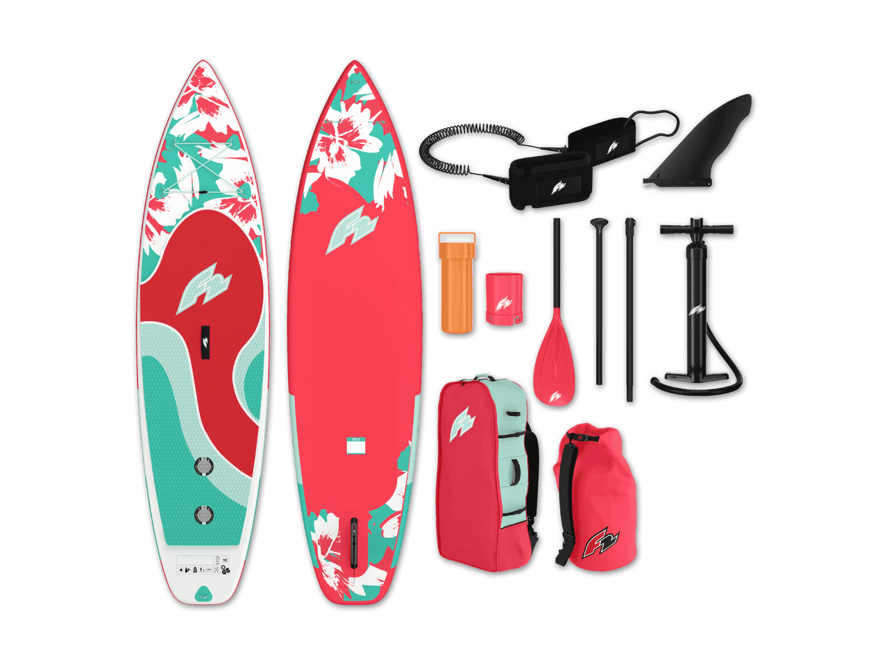 F2 SUP Board Set mit Zubehör in rosa und türkis.