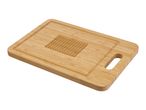 A rectangular bamboo cutting board with a recessed area and a handle.
