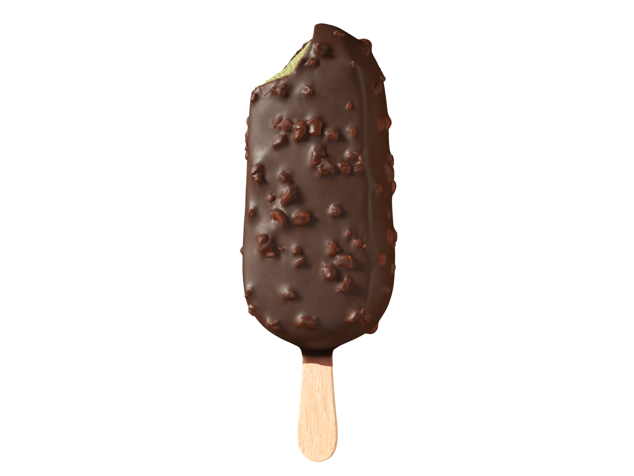 Gelado de pau com cobertura de chocolate e pedaços, com uma dentada.