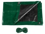 Telo di copertura verde con un lato nero e una corda verde arrotolata.