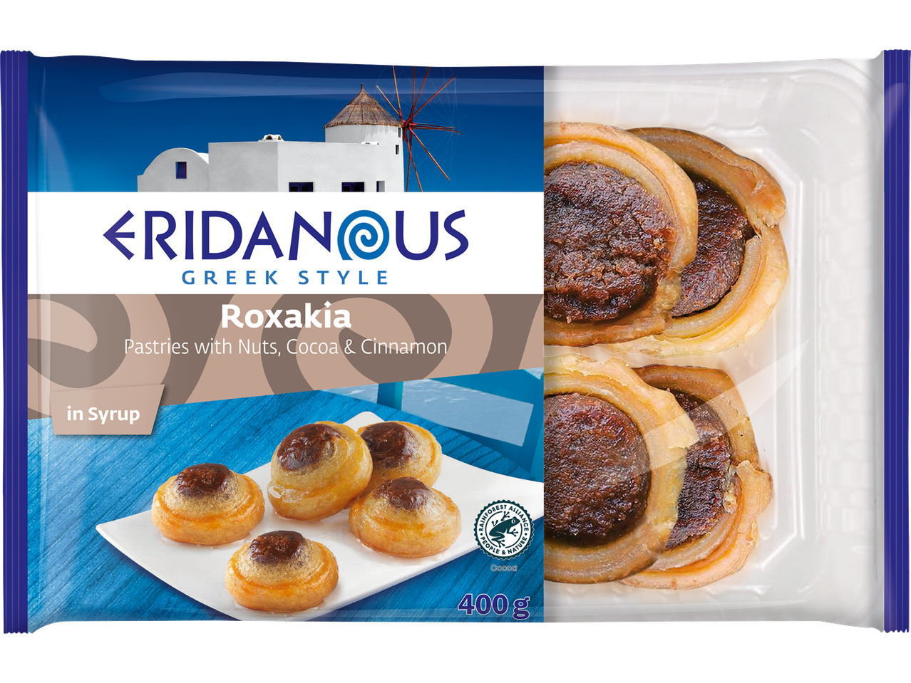 Eridanous grekiska bakverk Roxakia med nötter, kakao och kanel i sirap (400g).