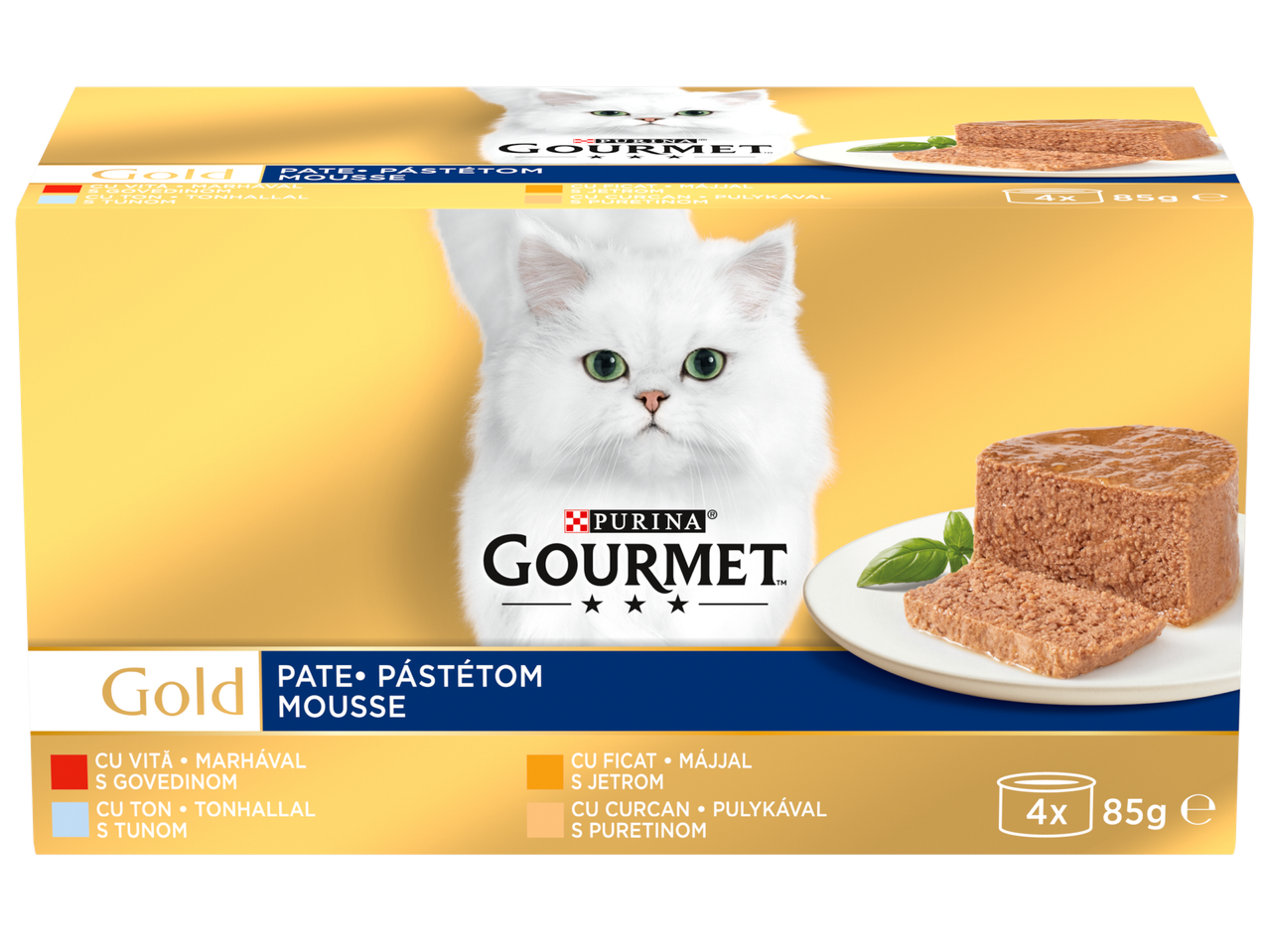 Кутия с пастет за котки с различни вкусове, включително говеждо, риба тон, черен дроб и пуешко.