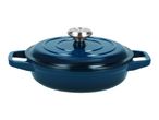Blue cast iron casserole dish with lid and silver knob