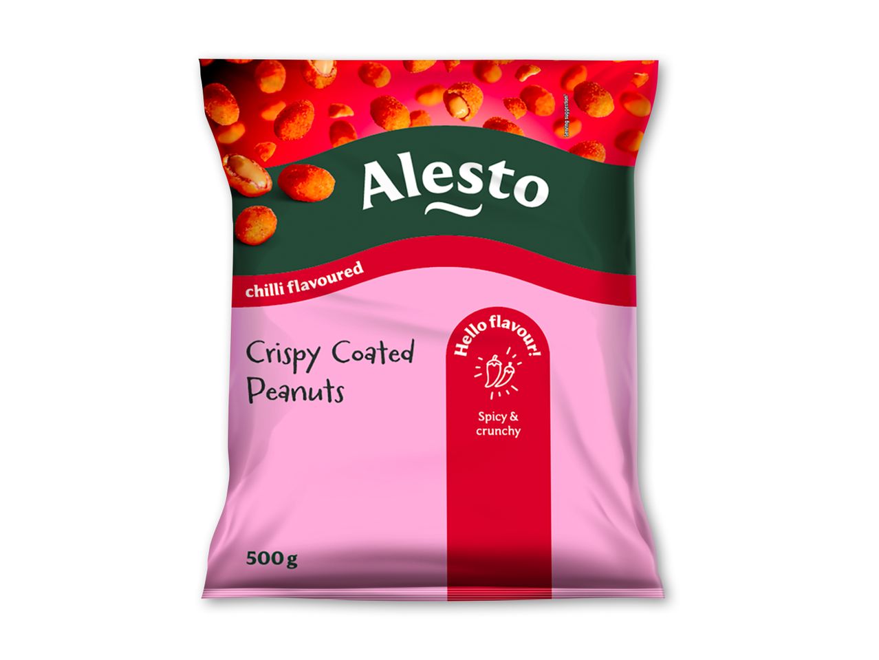 Pose med sprøde, chilikrydrede peanuts, der fremhæver en krydret og knasende smag.
