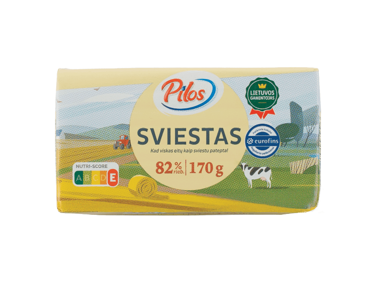 Sviesto pakuotė su užrašu „SVIESTAS“, nurodančiu 82% riebumo ir 170 g svorio, su Nutri-Score A ženklu.