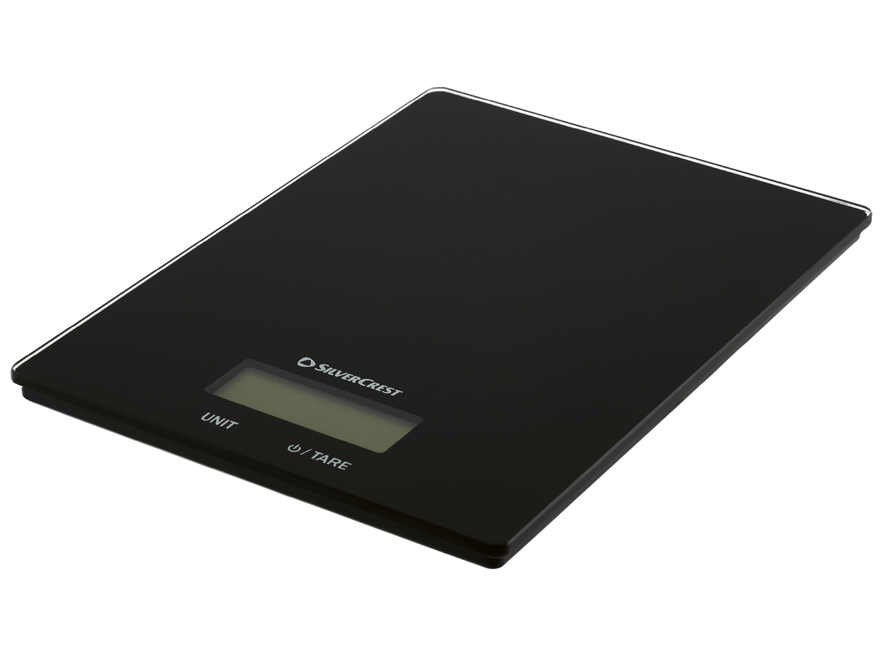 Черна кухненска везна с дигитален дисплей и бутони за единица и тара.