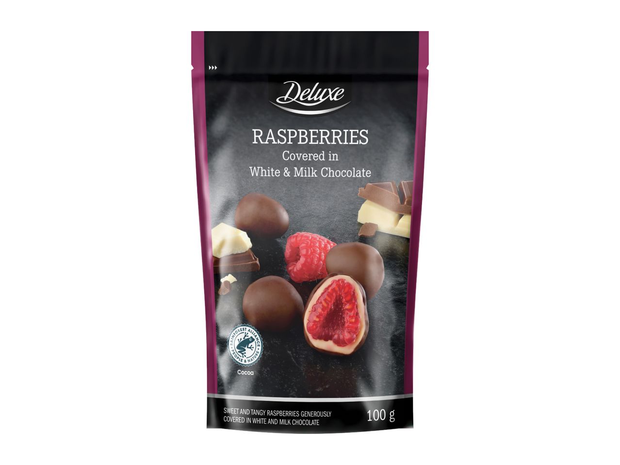 Pouch of raspberries covered in white and milk chocolate, 100g.