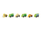 A set of six wooden toy vehicles, including a road roller, garbage trucks, and other construction vehicles.