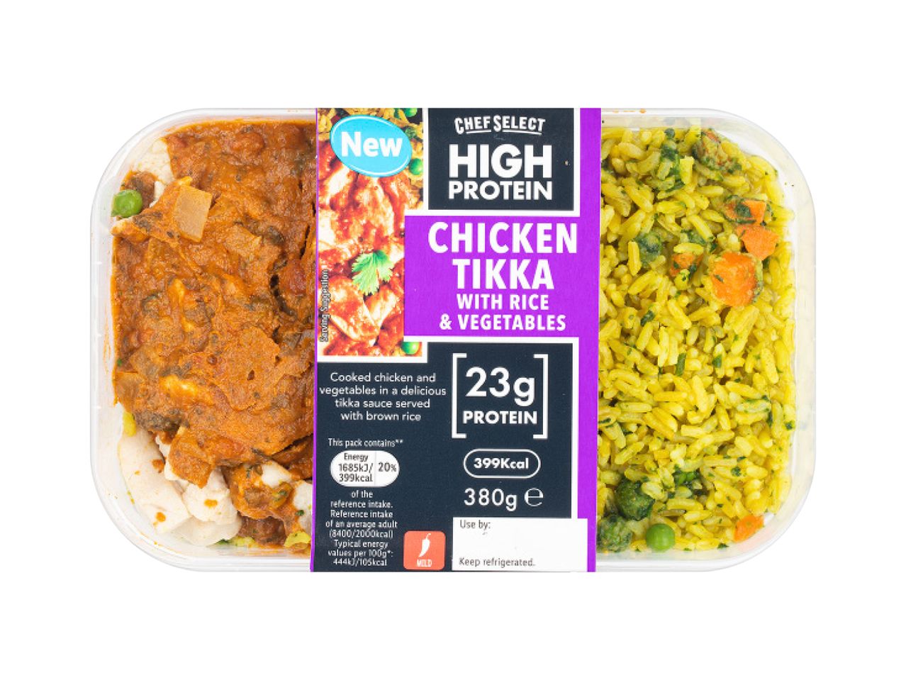 Chef Select: Chicken Tikka with rice and vegetables, high protein ready meal.