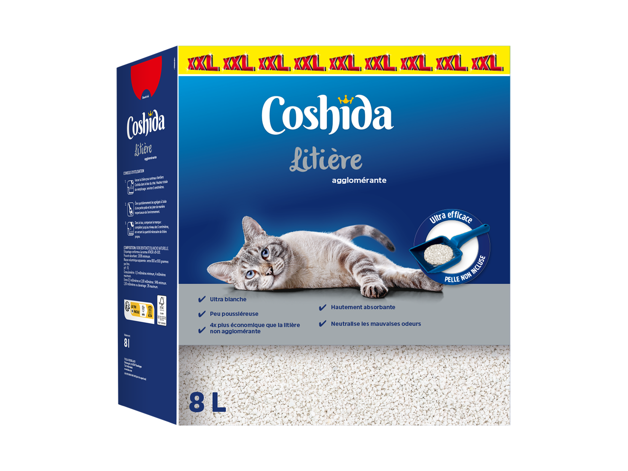 Paquet de litière agglomérante pour chat de 8L, ultra blanche et peu poussiéreuse, avec un chat gris.