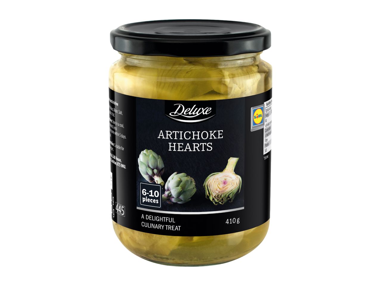 Jar of artichoke hearts in brine, with a black label showing artichokes and product details.