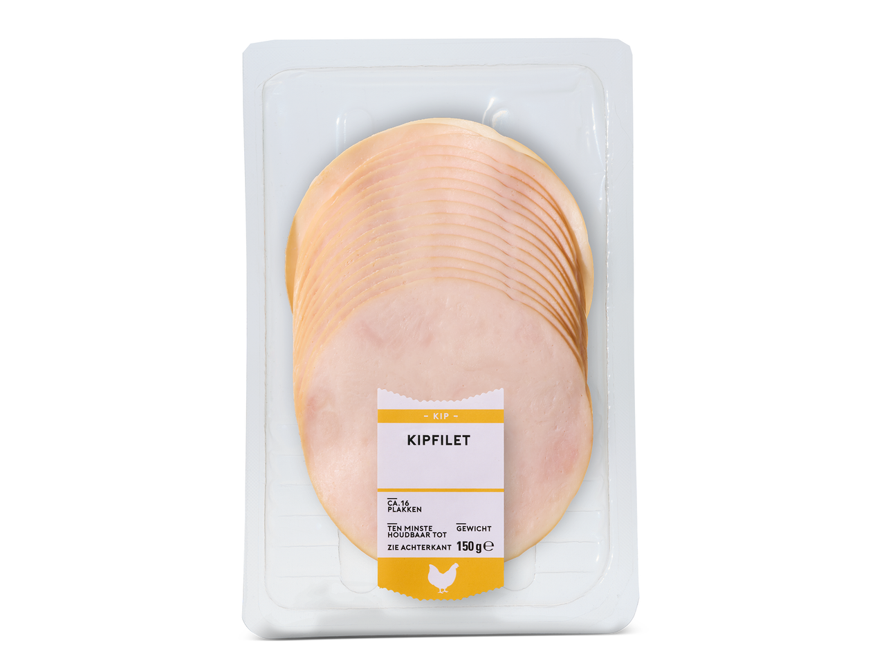 Verpakking kipfilet van 150 gram met circa 16 plakken.