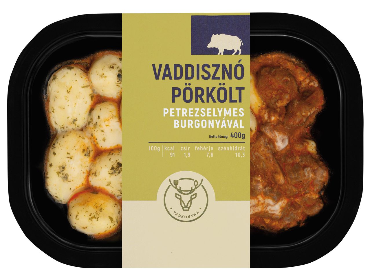 Vaddisznó pörkölt petrezselymes burgonyával, 400g-os kiszerelésben.