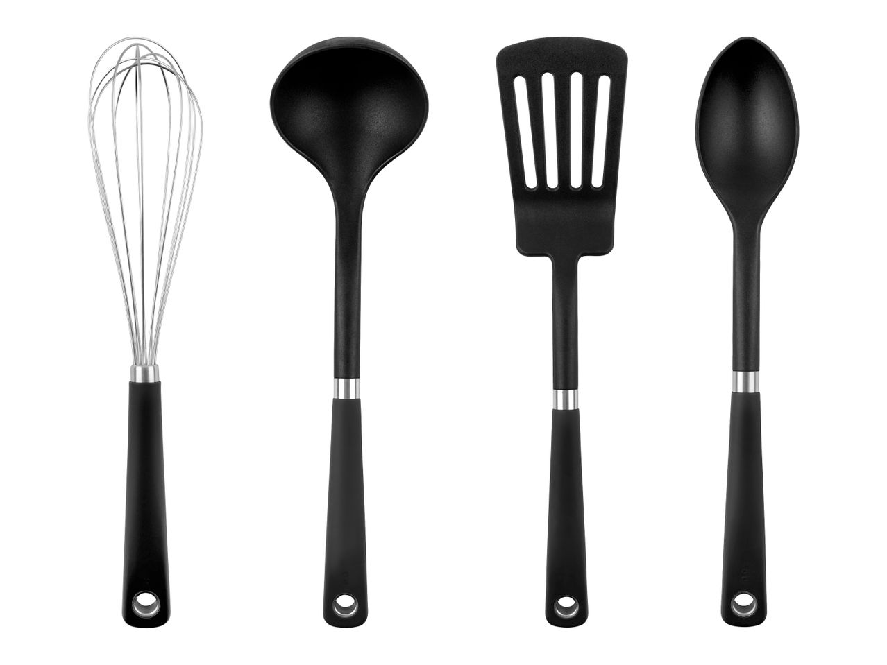Küchenhelfer-Set: Schneebesen, Schöpfkelle, Pfannenwender und Servierlöffel in Schwarz.