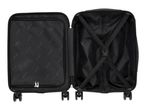 Open black suitcase with patterned lining and elastic straps.