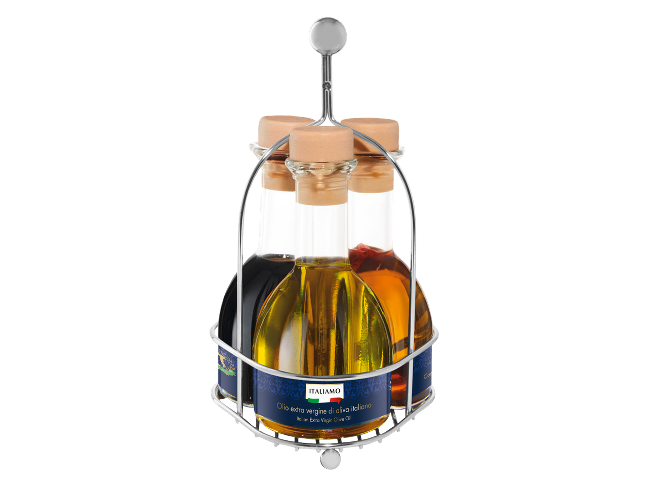 Olio extra vergine di oliva italiano ITALIAMO e altri condimenti in un elegante supporto in metallo.