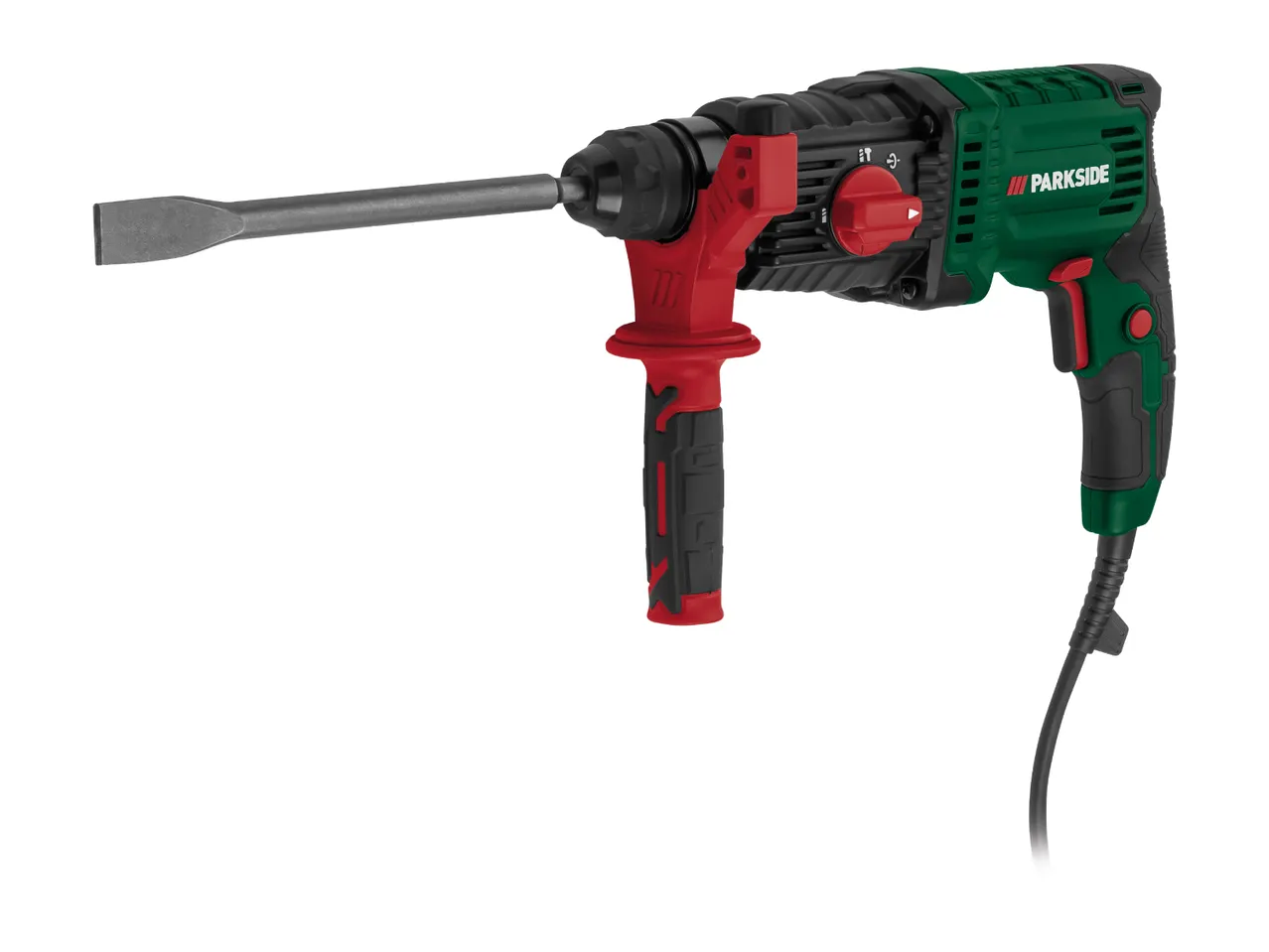 Green and black rotary hammer drill with a chisel bit and red accents