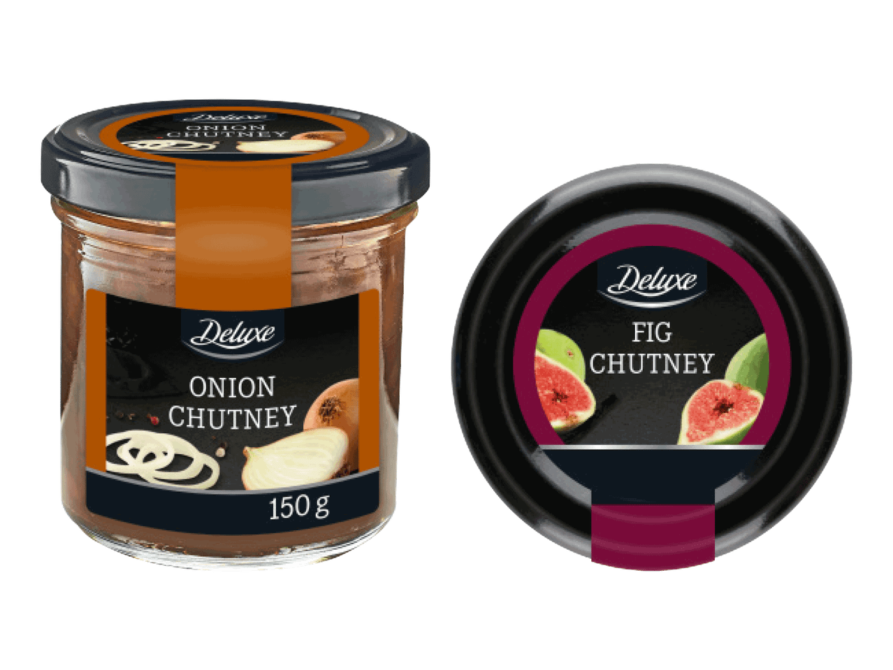 Kaks Deluxe tšatni purki: sibulatšatni klaaspurgis ja viigitšatni ümmarguses mustas purgis.