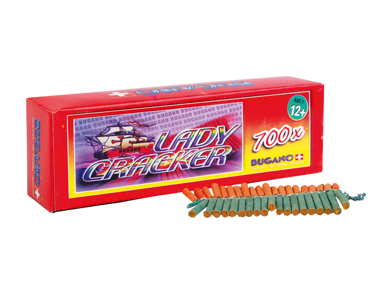 Rote Feuerwerkskörper-Schachtel mit der Aufschrift 'Lady Cracker' und einer Feuerwerkskette.