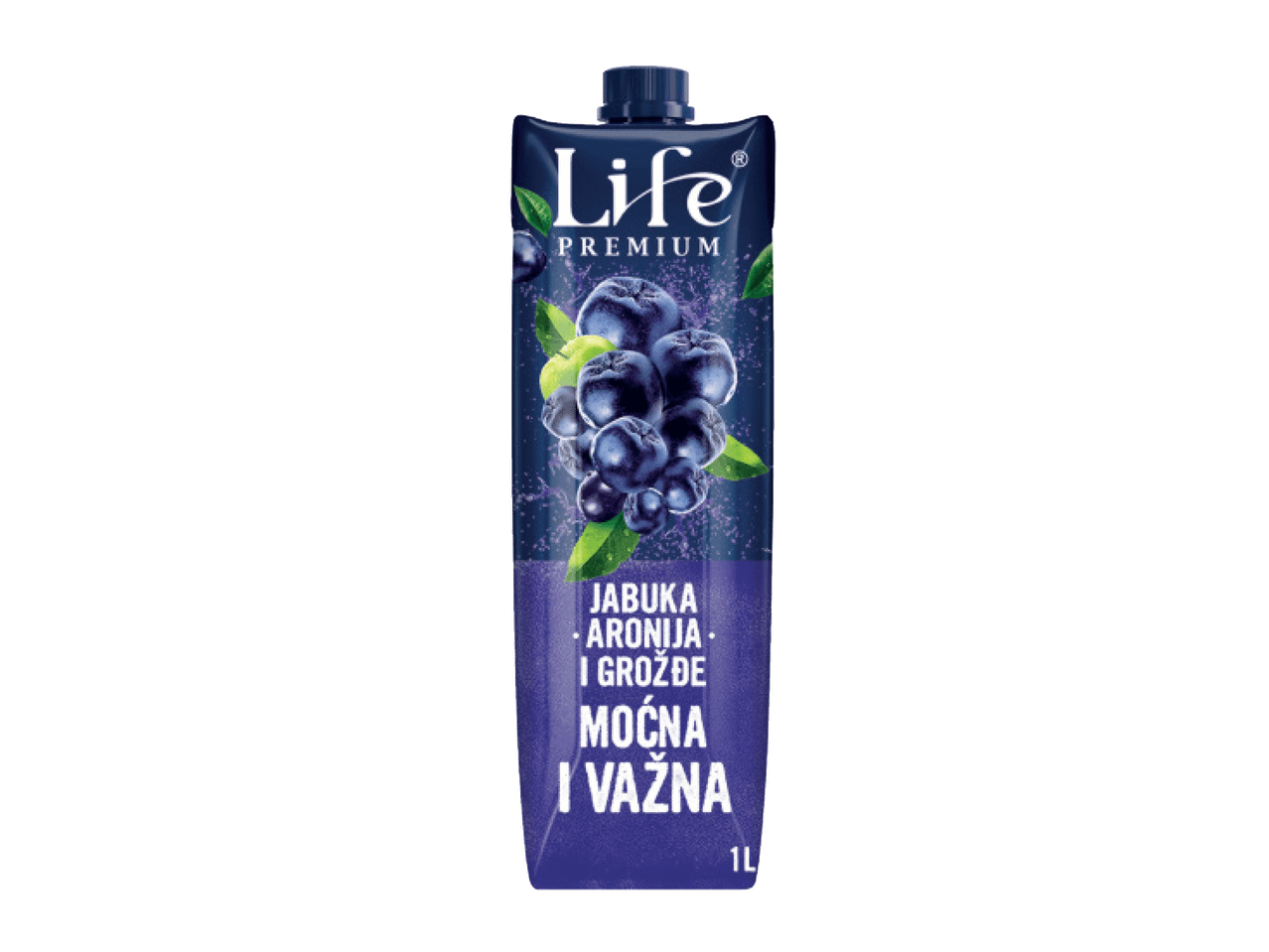 Sok od jabuke, aronije i grožđa u tetrapaku, sa natpisom „Moćna i važna“.