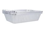 Stack of rectangular aluminum foil containers for food storage or baking.