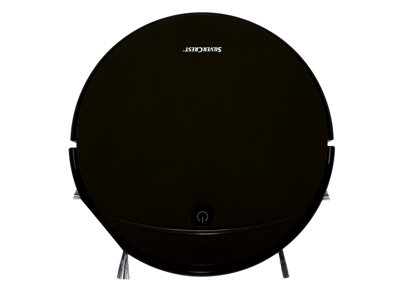 Aspirador robô preto Silvercrest com escovas laterais e botão de ligar.