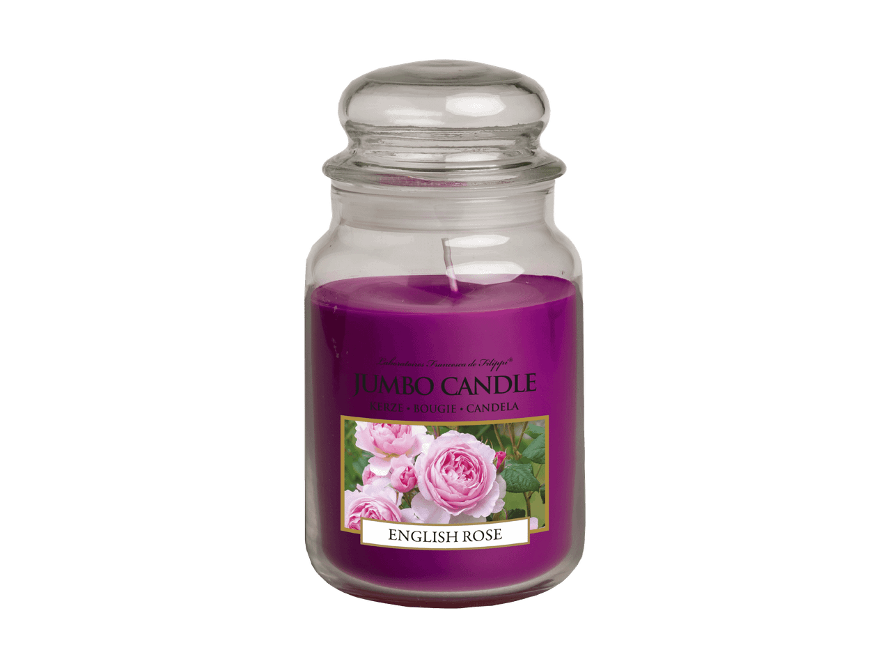 Große Duftkerze mit englischem Rosenduft in einem Glasgefäß.