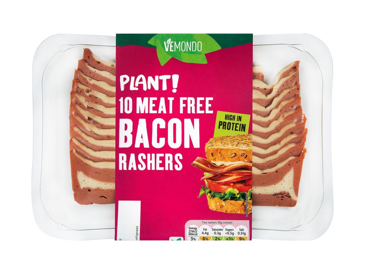 Vemondo Plant! 10 Meat Free Bacon Rashers in a plastic tray.