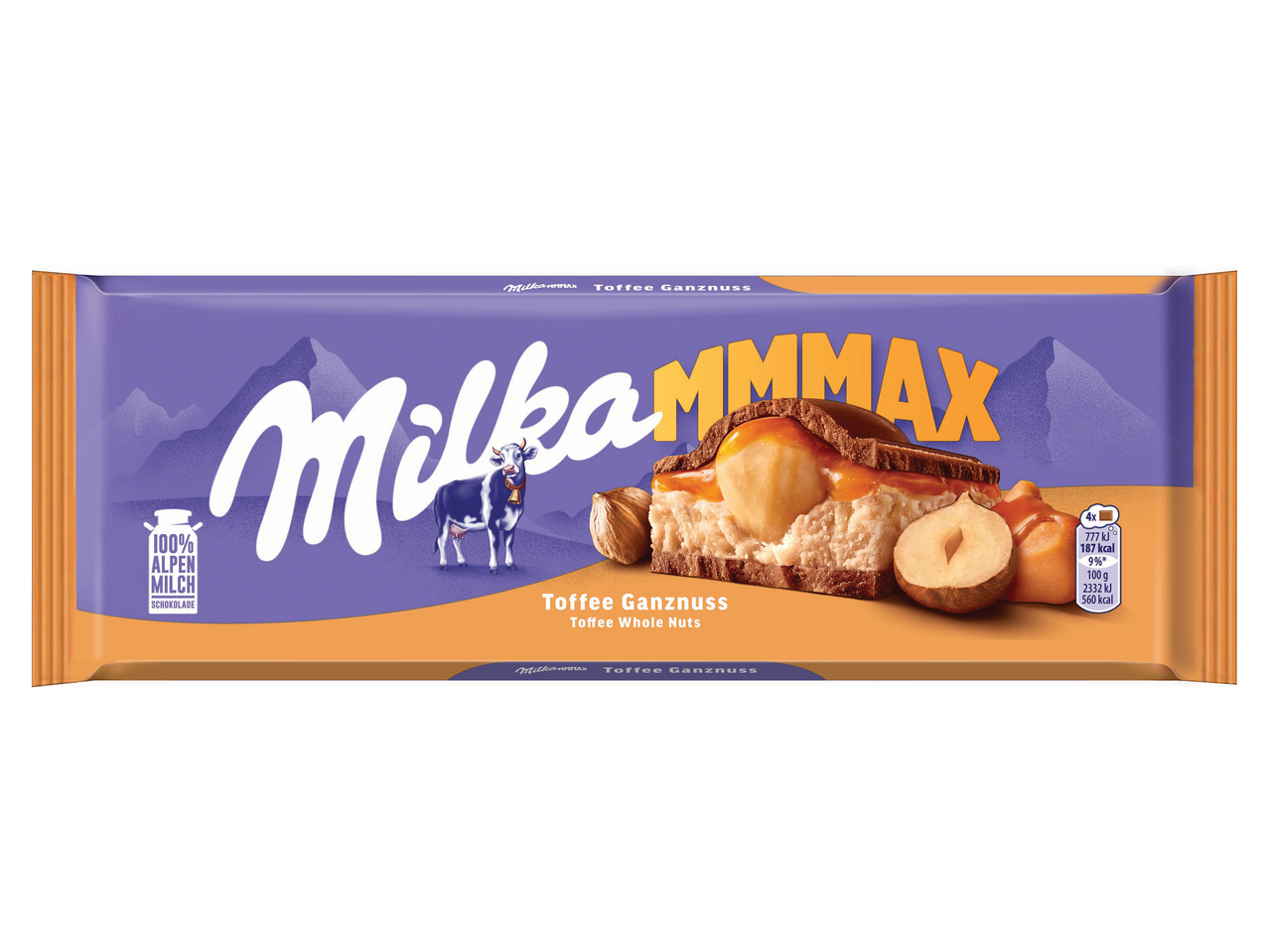 Egész mogyorós és krémes toffee töltelékes tejcsokoládé.
