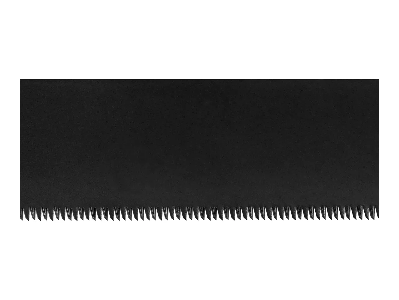 Close-up of a black saw blade with sharp teeth.
