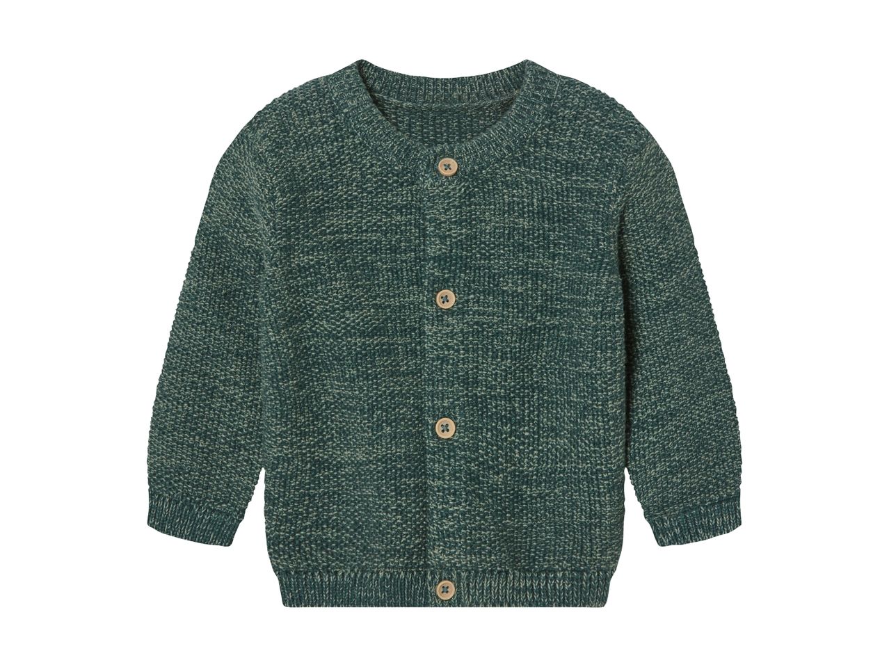 En mørkegrøn strikket cardigan til baby med knapper.